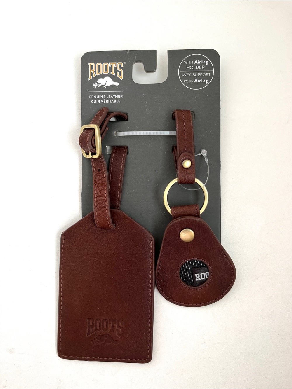Brand New ROOTS Genuine Leather Luggage Tag & AirTag Holder Set